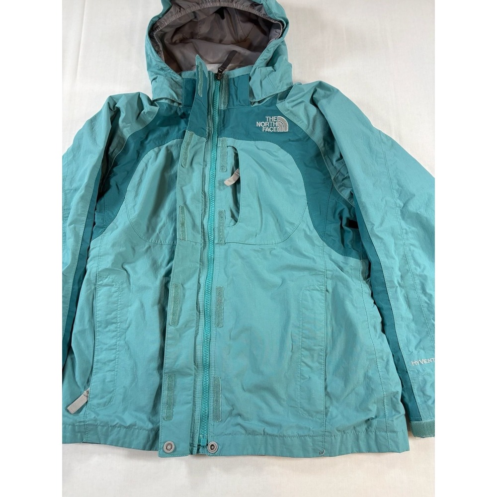 The North Face Girls L HyVent Rain Jacket Teal Turquoise Hooded Full Zip Shell - Picture 4 of 11